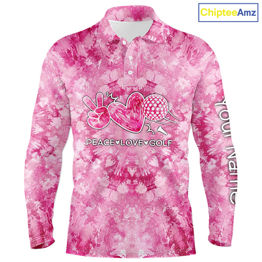 Mens golf polos shirts pink tie dye pattern custom peace love golf, personalized golf shirt for men NQS7836