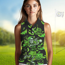 Load image into Gallery viewer, Green and Black Halloween Pattern Funny Skull Golf sleeveless polo shirt Custom Halloween golf top NQS10662