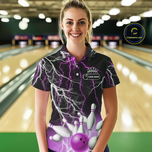 Women's bowling Polo, Quarter Zip shirts Custom Purple lightning thunder team bowling league jerseys NQS11263