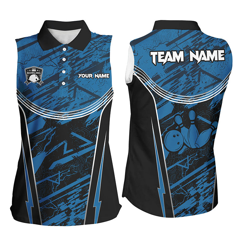 Blue camo Women bowling sleeveless Polo Shirt custom team bowling jerseys, gift for bowlers NQS7490