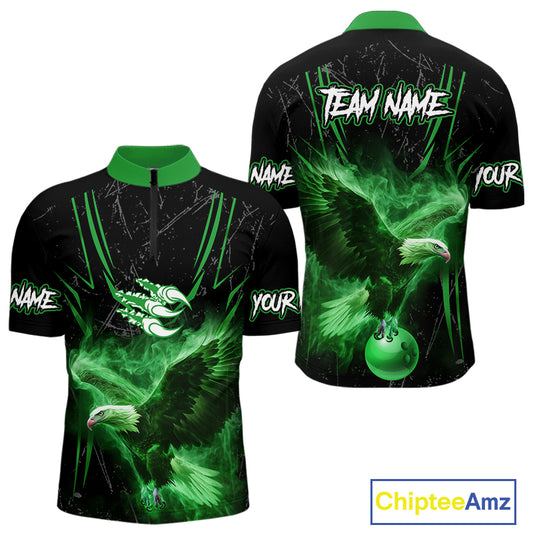 Black and Green Flame Eagle Bowling Shirt For Men Custom Team Name Bowling Jerseys For Bowlers NQS10675