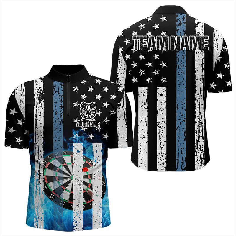 Blue Flame Dart Board Black and White American Flag Custom Team Dart Polo, Quarter Zip Shirt For Men NQS9201
