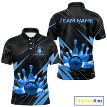Load image into Gallery viewer, Custom Black and Blue Bowling Polo, Quarter Zip Shirts for Men, Team Bowling League Jersey NQS10892