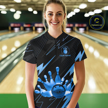 Load image into Gallery viewer, Custom Black and Blue Bowling Polo, Quarter Zip Shirts for Women, Team Bowling League Jersey NQS10892