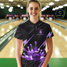 Load image into Gallery viewer, Custom Black and Purple Bowling Polo, Quarter Zip Shirts for Women, Team Bowling League Jersey NQS10894