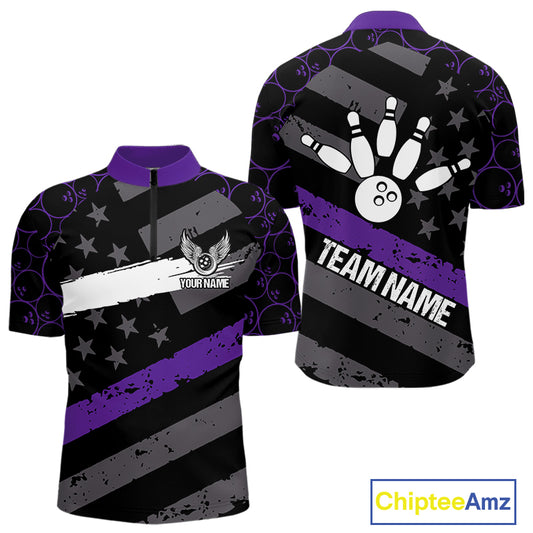 Black American flag Men bowling shirts Custom bowling camo Team Jerseys, gift for Bowlers | Purple NQS10897