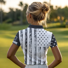 Load image into Gallery viewer, Personalized Black & White American Flag Retro Women golf polo shirts Custom Patriotic ladies golf top NQS9568