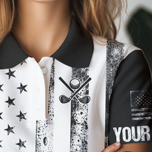 Load image into Gallery viewer, Personalized Black & White American Flag Retro Women golf polo shirts Custom Patriotic ladies golf top NQS9568