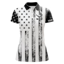 Load image into Gallery viewer, Personalized Black & White American Flag Retro Women golf polo shirts Custom Patriotic ladies golf top NQS9568