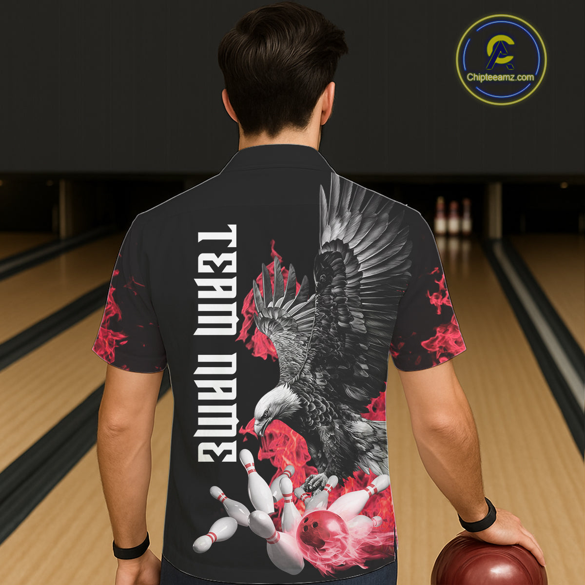 Custom Red Flame Black Eagle Bowling Hawaiian Shirt, Team Bowling Button up Clothes NQS11500