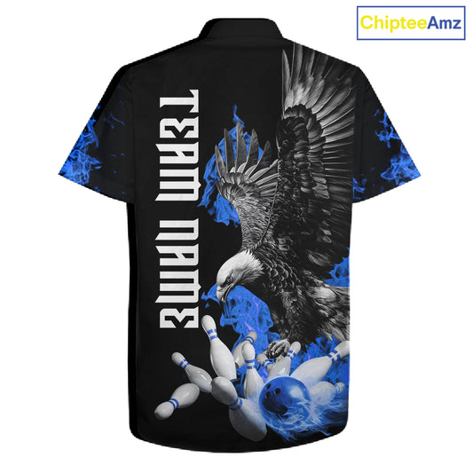 Custom Blue Flame Black Eagle Bowling Hawaiian Shirt, Team Bowling Button up Clothes NQS11501