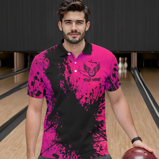 Black and Pink Mens Bowling Polo, Quarter Zip Shirts Custom Bowling Team League Jerseys NQS9570