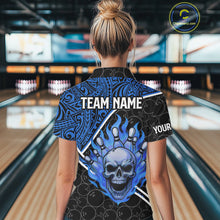 Load image into Gallery viewer, Black and Blue Flame Skull tribal pattern camo Bowling Shirts for Women Custom Bowling Team Jersey NQS10916
