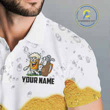 Load image into Gallery viewer, Custom White And Yellow Funny Beer Golf Polo Shirts For Men, Funny Beer Glass Mens Golf Outfit NQS10919