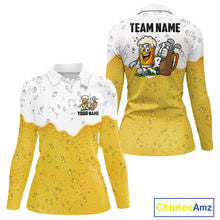 Load image into Gallery viewer, Custom White And Yellow Funny Beer Golf Polo Shirts For Women, Funny Beer Glass Ladies Golf Outfit NQS10919