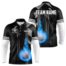 Load image into Gallery viewer, Black and White Blue Flame Golf Ball Mens Golf Polo Shirt custom team mens golf apparel, golfing gifts NQS9233