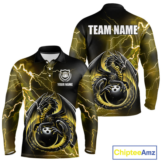 Personalized Black And Yellow Thunder Lightning Dragon Bowling Shirts For Men, Bowling Team Uniform NQS10297