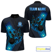Load image into Gallery viewer, Black and Blue Flame Bowling Polo, 1/4 Zip Shirts for Men Custom Bowling Team Jersey Bowler Outfit NQS10925