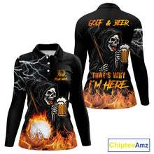 Load image into Gallery viewer, Funny Skull Reaper Lightning Flame Golf Polo Shirts For Women custom Golf & Beer That's why I'm here NQS10932