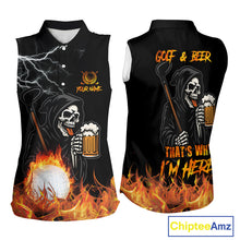Load image into Gallery viewer, Funny Skull Reaper Lightning Flame Women Sleeveless Polo Shirt custom Golf & Beer That's why I'm here NQS10932
