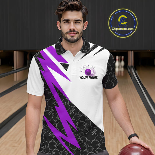 Black and White Bowling Polo, Quarter Zip Shirt for Men Custom Lightning Team bowling jersey | Purple NQS10003