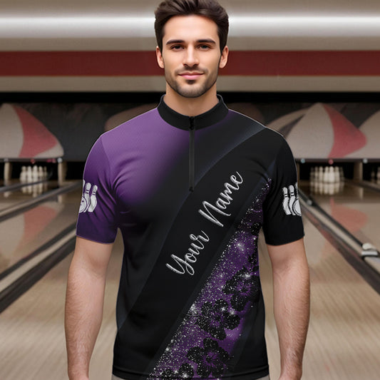 Black and Purple Glitter Flower Bowling Polo, Quarter Zip Shirt for Men Custom Bowling Team Jerseys NQS9432