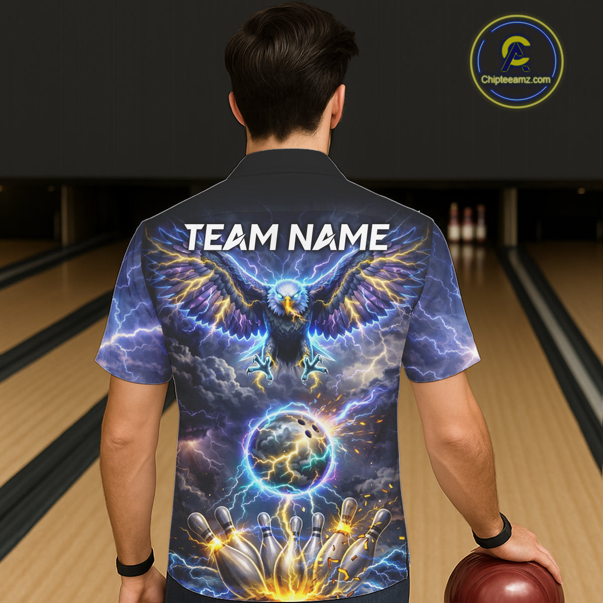 Custom Blue Lightning Thunder Eagle bowling team button up shirts, Bowling jersey gift for bowlers NQS11537
