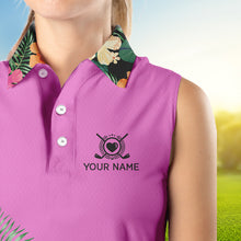 Load image into Gallery viewer, Pink tropical leaf Womens sleeveless polo shirt custom name I am not swearing I'm using my golf words NQS9753