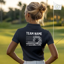 Load image into Gallery viewer, Black and White American Flag Women golf polo shirts Custom name patriotic team golf uniform NQS10018