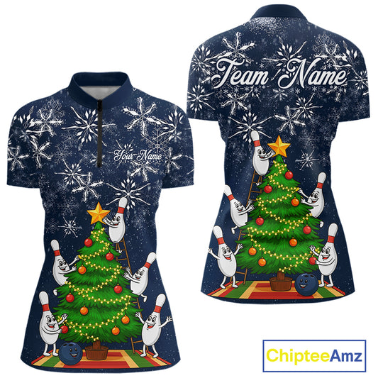 Funny Christmas Tree snowflake Bowling shirts for Women Custom Xmas Bowling outfits for women | Navy NQS10951