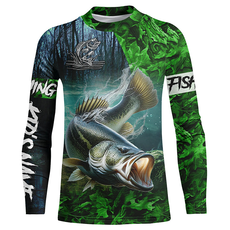 Largemouth bass Fishing green camo UV protection customize name long sleeves shirts fishing apparel NQS2311