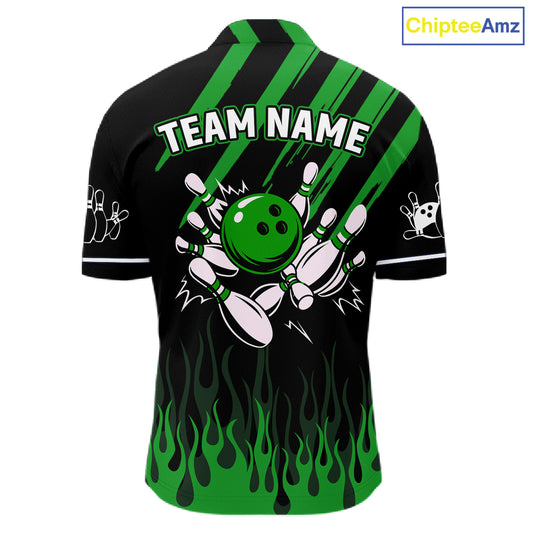 Black and Green Flame Retro Bowling Polo, 1/4 Zip Shirt for Men Custom Vintage Team Bowling Jersey NQS11677