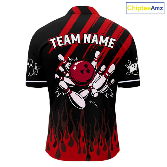 Black and Red Flame Retro Bowling Polo, 1/4 Zip Shirt for Men Custom Vintage Team Bowling Jersey NQS11678