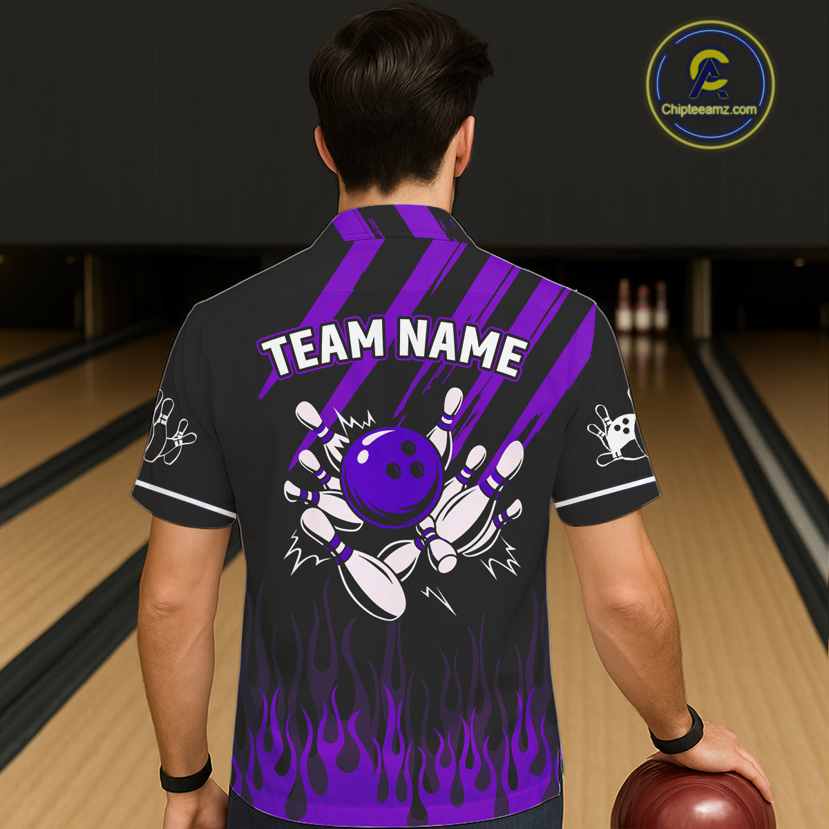 Black and Purple Flame Retro Bowling Button-up Shirt Custom Vintage Team Hawaiian Bowling Jersey NQS11679