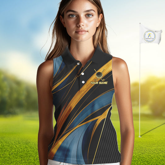 Blue and Gold Women Sleeveless Golf polo shirts Custom Golf Outfit For Ladies Team Golf shirt | Black NQS10033