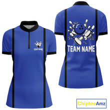 Load image into Gallery viewer, Retro Bowling Polo, Quarter Zip shirts For Women custom bowling team shirts Bowler Outfits | Blue NQS10546