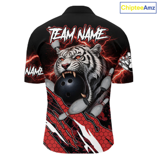 Black and Red Lightning Thunder Tiger Bowling Polo, 1/4 Zip Jersey for Men, Tiger Bowling Team shirts NQS11571