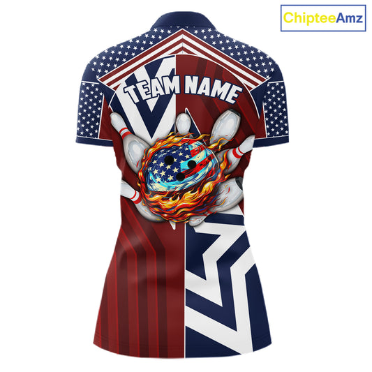 Red, White and Blue American Flag Flame Bowling shirts for Women Custom patriotic Team Bowling Jersey NQS11558