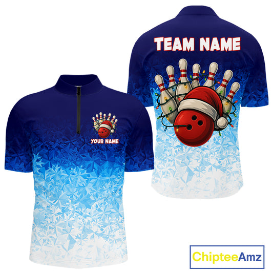 Blue Ice pattern Christmas Team Bowling Polo, Quarter Zip shirts for men Custom Xmas bowling gifts NQS10969