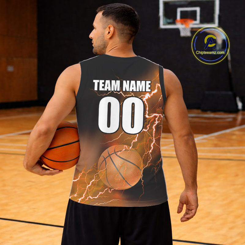Custom orange lightning thunder Basketball Team Jersey, personalized All Over Print Basketball Shirts NQS11354