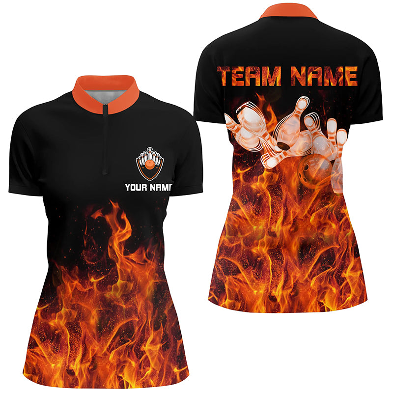 Flame Bowling Quarter-Zip Shirt Women black Bowling Jerseys Personalized Bowling Team Shirts NQS6036