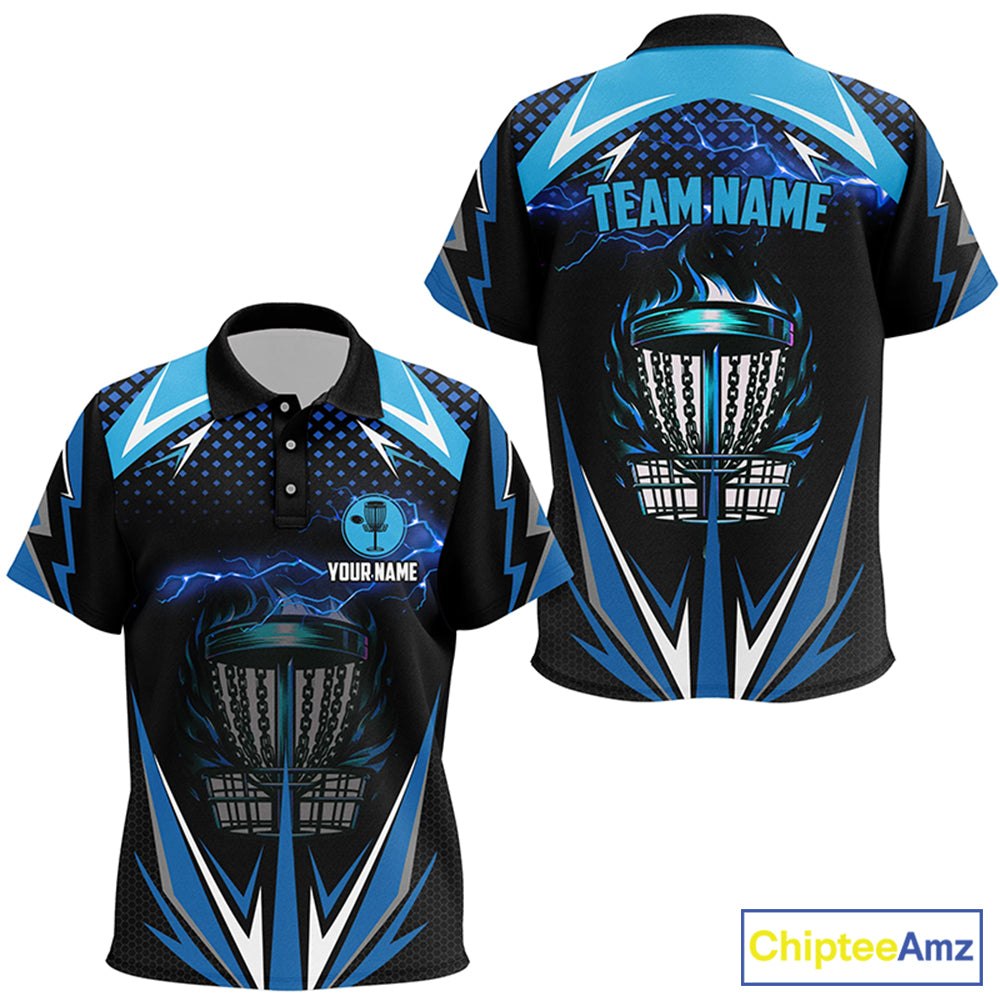 Black Kid Disc golf polo shirts custom blue fire lightning team disc golf jerseys, unique golf gifts NQS7382