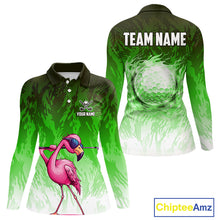 Load image into Gallery viewer, Funny Flamingo Green camo flame golf ball Women Golf Polo Shirt Custom Flamingo Golf attire for ladies NQS9799