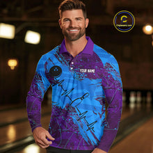 Load image into Gallery viewer, Blue and Purple Grunge Camo Heartbeat Bowling Polo, 1/4 Zip Shirt For Men Custom Bowling Team Jersey NQS10040
