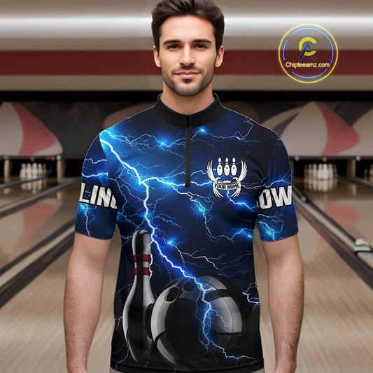 Blue Lightning Thunder Black Bowling Polo, Quarter zip Shirt for men custom storm bowling team jerseys NQS8386