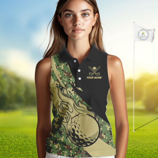 Women Sleeveless polos shirt flame golf Custom green camo ladies Golf attire, personalized golf gifts NQS10052