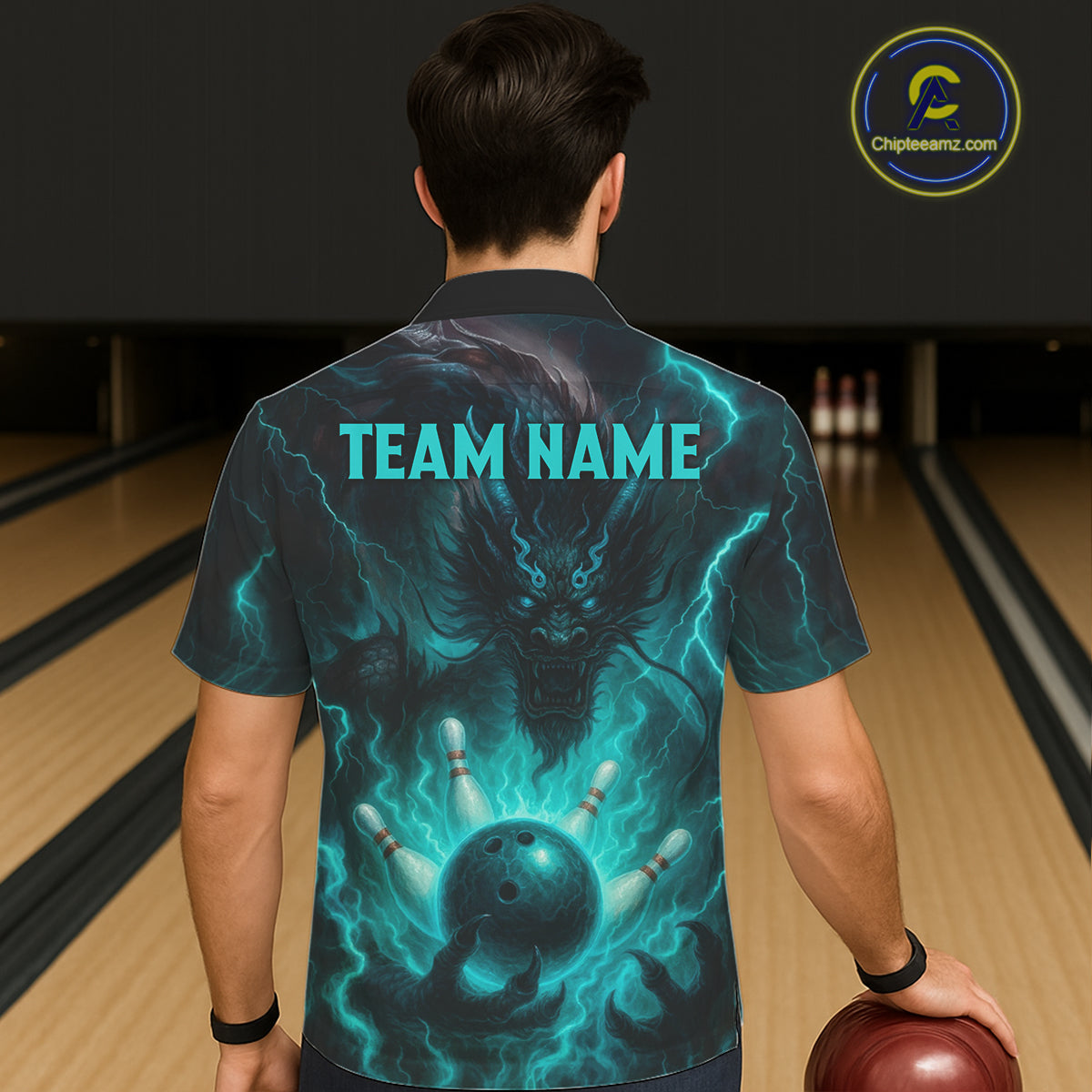 Personalized Black and Turquoise Flame Lightning Dragon Bowling Hawaiian Shirt, Team Bowling Jersey NQS11168