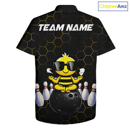 Black and Gold Funny Bee Bowling Hawaiian Shirt Custom Team Bowling Button-up shirt, Gift For Bowlers NQS11582