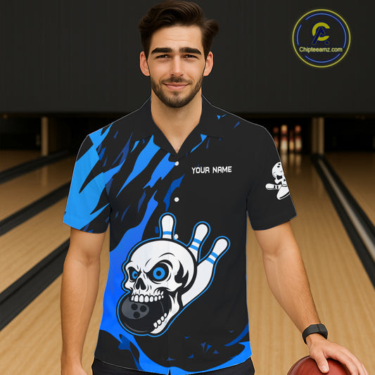Black and Blue Skull Bowling Button-up Shirt Custom Team bowling Hawaiian jersey, gift for bowlers NQS11708