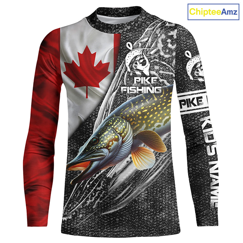 Canadian Flag Northern Pike Fishing Custom long sleeve performance Fishing Shirt, pike Fishing jerseys NQS3538